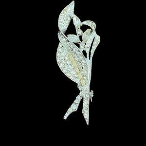 Vintage Signed AN Brooch Rhinestone Pin Flowers Leaves Clear 3"
